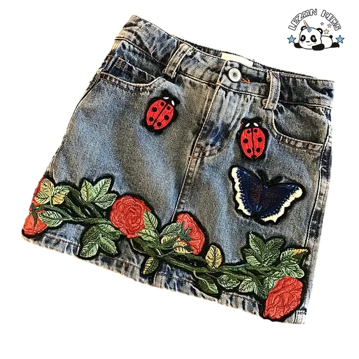 LEZONKIDS - Customizable Mommy and Me Cotton Washed Embroidered Patches Butterfly Ladybug Flowers Girls Denim Skirt